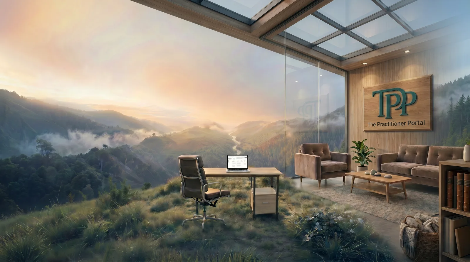 A therapist's office with glass walls opening onto misty green valleys at dawn, a TPP sign on the wood-panelled wall